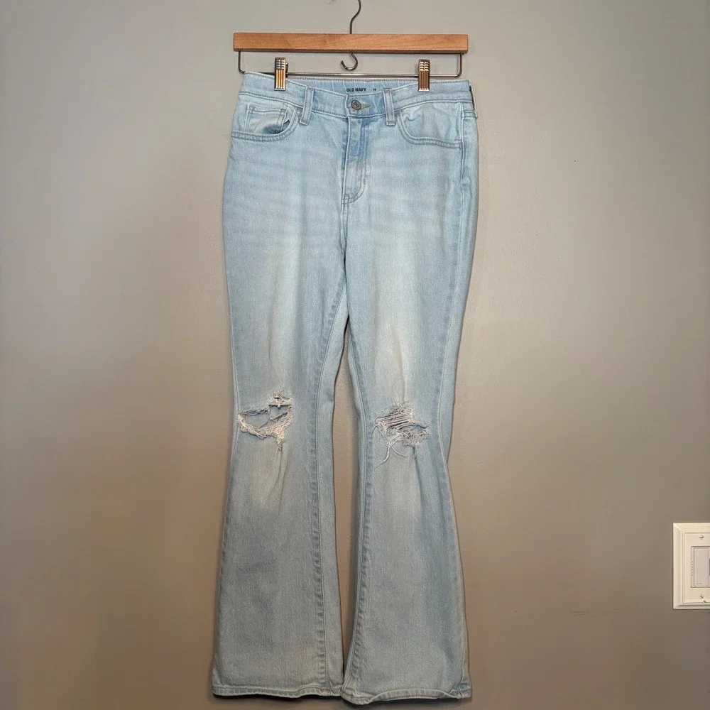 Old Navy Girls Light Wash High Rise Flare Distressed Knee Denim Jeans Size 16